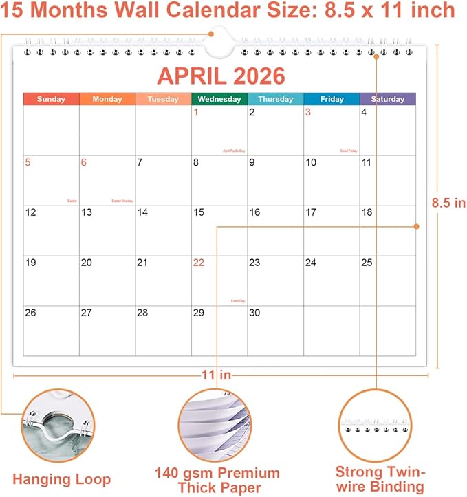 Calendar 2026-2027, Wall Calendar 2026-2027 from April 2026 - June 2027, 15 Months Calendar with Premium Paper, Twin-Wire Binding & Hanging Hook, 8.5" x 11", Colorful