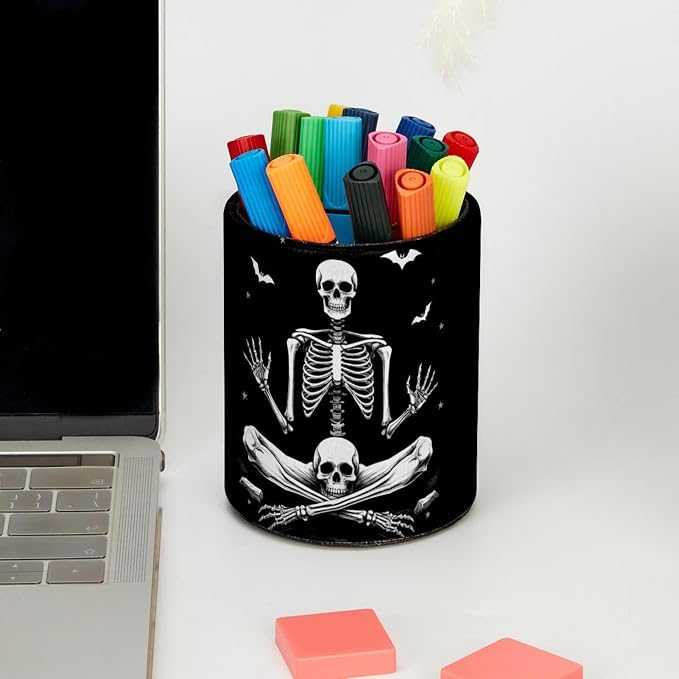 Funny Skeleton Pen Holder Pencil Organizer Cute Pencil Cup Desk Decor Makeup Brush Holder PU Multifunctional Office Supplies for Home Classroom School