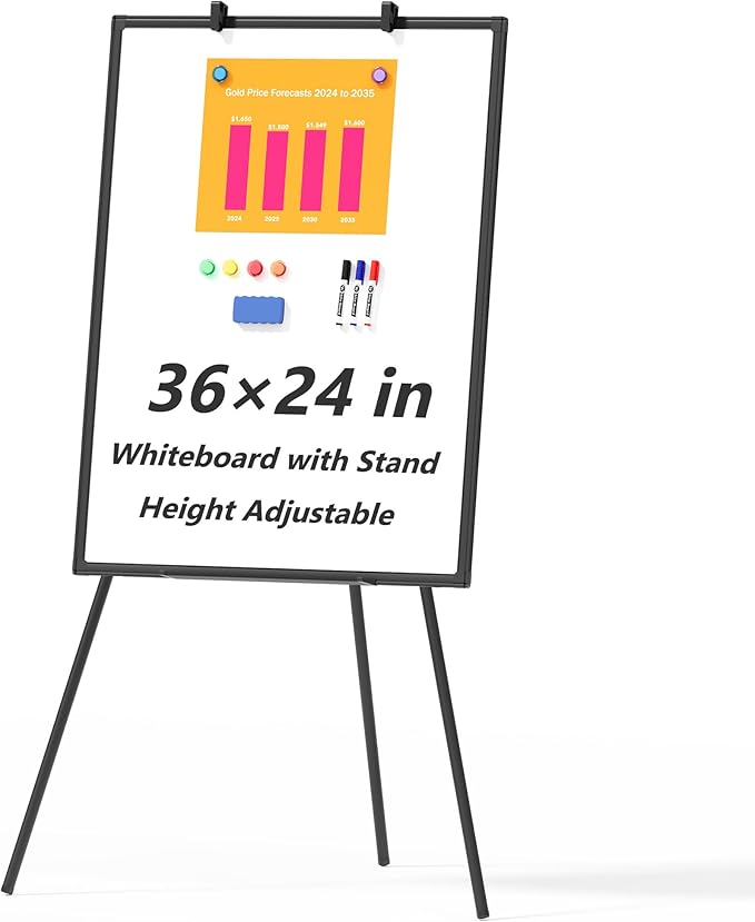 Large Whiteboard Easel with Stand, 36" x 24" Portable Standing Magnetic Dry Erase White Board, 3' x 2' Tripod Height Adjustable Flip Chart Easel for Home Office Classroom School, Black