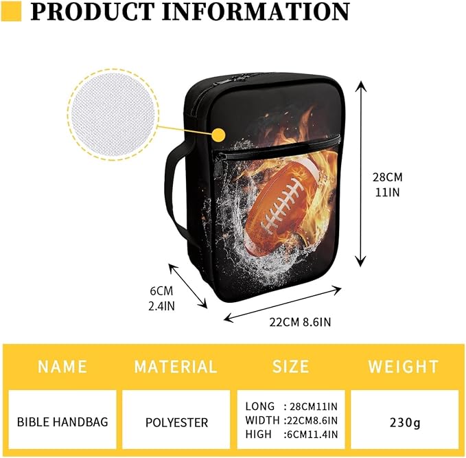 Coldinair Fire Water Rugby Print Bible Cover,Carrying Book Case Church Bag Bible Bags with Handle and Zippered Pocket,Gifts for Men Teens Kids