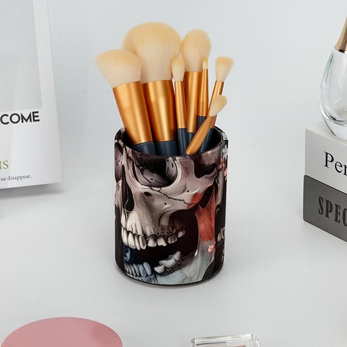 Pen Holder for Desk, Skulls Pink Flowers Retro Art Pattern Leather Pencil Cup for Desk, Round Pencil Holder Desk Organizer for Home, School, Office, Classroom