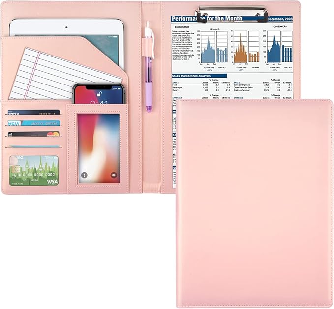 WAVEYU Portfolio Case, Business Portfolio Folder, Cute Padfolio Cover, Conference/Resume/Legal Document Organizer with Letter/A4 Size Clipboard Hardboard, Business Card Holders, Document Sleeve, Pink
