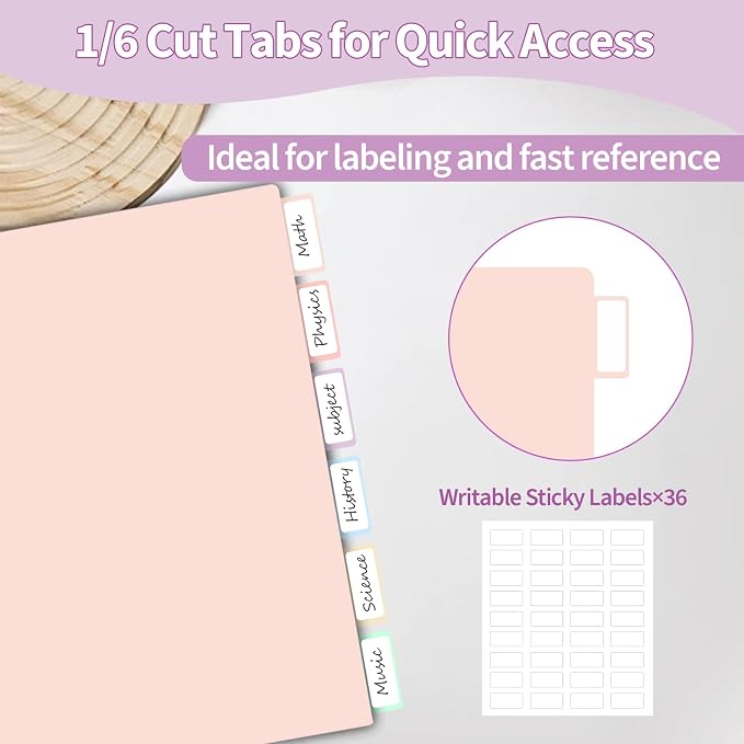 Binditek 6 Pack Pastel Pocket Folders for 3 Ring Binder, Plastic Folders with 2 Pockets, Unique 1/6 Cut Tabs with Colorful Labels, for Office Classroom, Letter Size