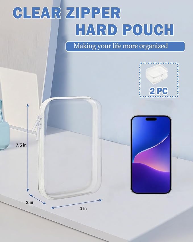 2 Pack Clear Hard Shell Zipper Case, Clear Storage Box With Zipper For Travel & Home, Hard Plastic Organizer Pouches For Cosmetics, Toys, And Office Supplies (White, Small)