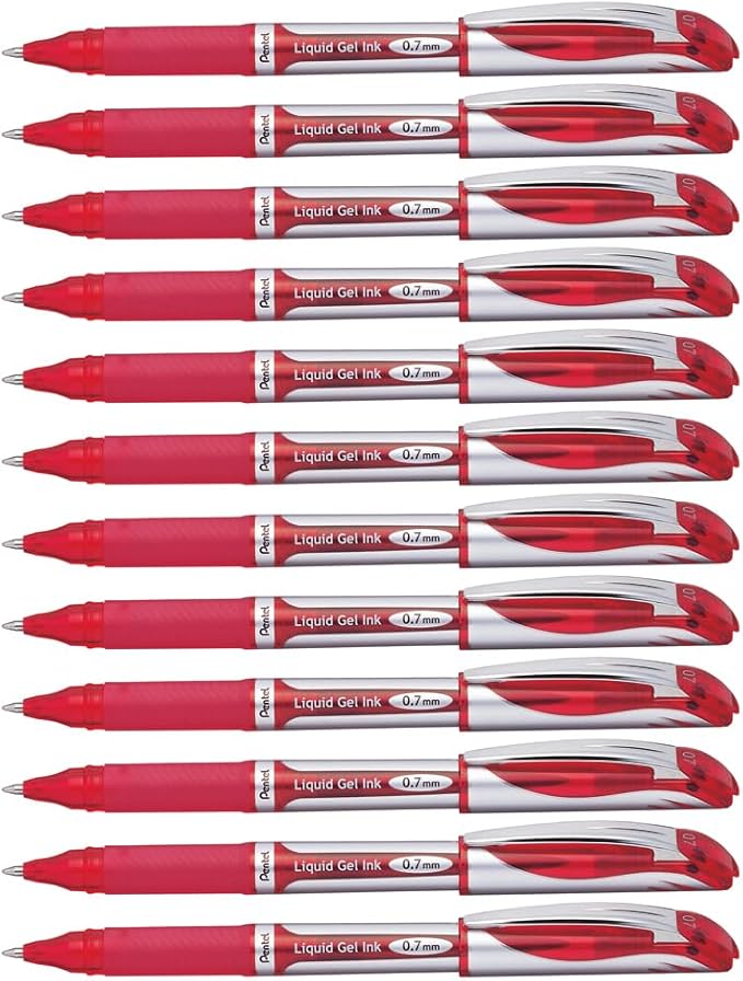 Pentel ENER-GEL Deluxe Liquid Gel Pen, Medium Line, Metal Tip, Red Ink, Box of 12 (BL57-B)