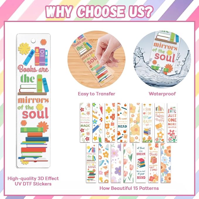 Peacoblue 30pcs UV DTF Bookmarks Transfer Stickers Wraps Flowers and Quote for Women Men Reading, Waterproof Bookmarkers Decal(No Blank Bookmarks) for Acrylic Plastic Metal Blank Bookmark