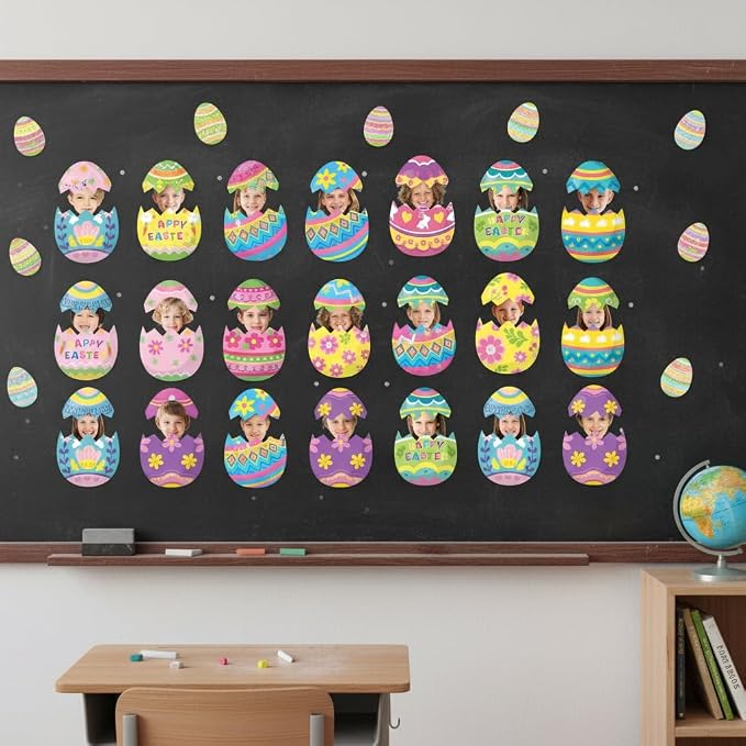 60pcs Easter Egg Theme Cutouts Easter Bulletin Board Decorations Spring Egg Shaped Paper Cut-Outs Classroom Decor for Boys Girls Classroom DIY Craft Photo Kindergarten Preschool Wall Door Supplies
