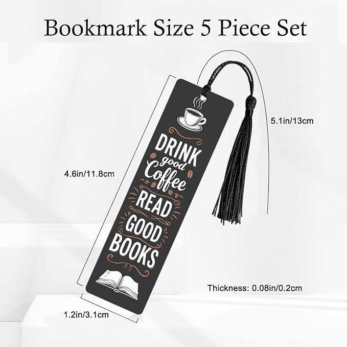 Drink Coffee Bookmarks Set 5 with Tassels Good Books Black Wooden Bookmarks for Reading Women Men Students Teachers School Supplies