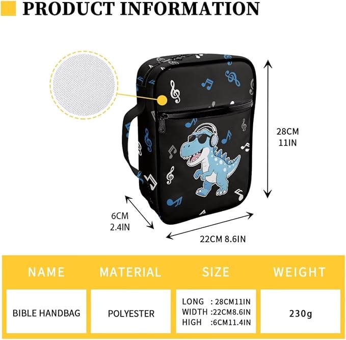 Coldinair Funny Dinosaur Bible Covers Bag for Kids Teen,Cool Carrying Book Case Church Bag Bible Holder with Handle and Zippered Pocket
