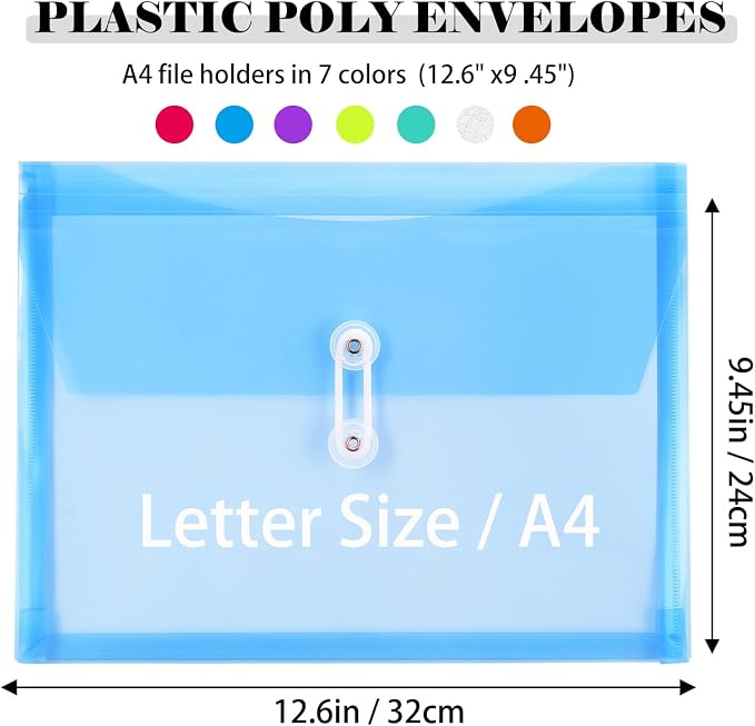 A4 Letter Size Plastic Poly Envelopes with Button and String Tie Closure, 1-1/4" Expansion Clear File Folders Side Loading Documents Organizer for Home School and Office Supplies (14)