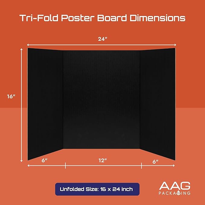 Trifold Presentation Board, Double-Wall Construction, Smooth Edges, Foldable Storage, for School Projects, Business Presentations (Black, 24 x 16 x 0.78 inch)