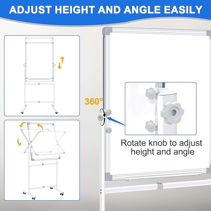 Max-officoo Double Sided Cork Board and White Board 24"x36" Mobile Whiteboard with Stand, Adjustable Height and Angle Magnetic Rolling Dry Erase Board on Wheels for Office, School, Home