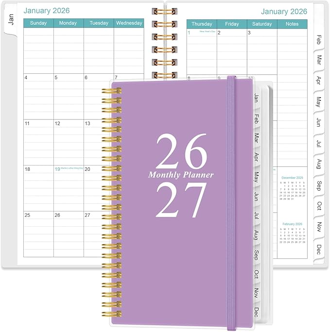 2026-2027 Monthly Planner - January 2026 - June 2027, Two Pages Per Month, 18 Monthly Calendar/Planner with Tabs, Strong Twin-Wire Binding, Inner Pocket, 3.75" x 6.5", Purple