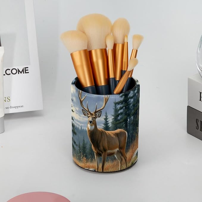 Pen Pencil Holder for Desk, Forest Deer Makeup Brush Holders Leather Pen Organizer Pencil Caddy for Office Home Art Supply