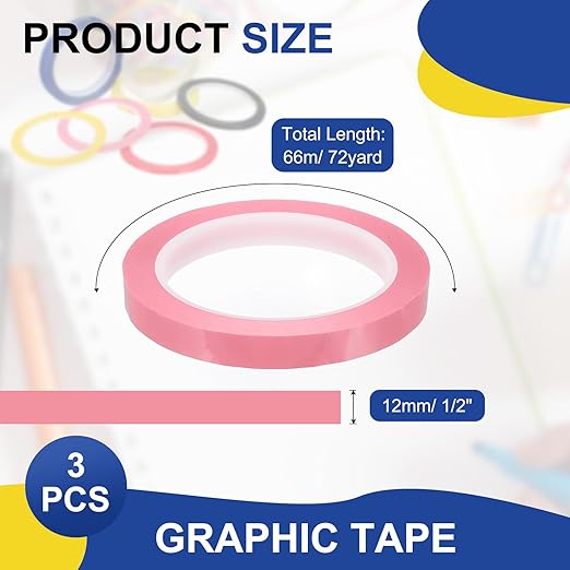MECCANIXITY Whiteboard Tape 1/2" / 12mm Self Adhesive Graphic Chart Line Tape 72 Yard Grid Marking Stickers for Pinstripe Dry Erase Board Scrapbooking DIY Art Crafts, Pink, Pack of 3