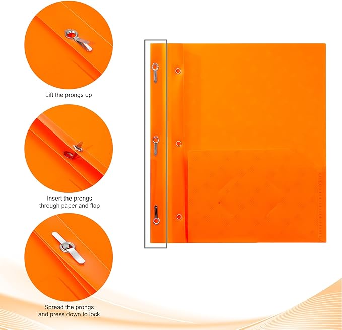 ViVin Plastic Folders with Pockets and Prongs,6 Pack,Heavy Duty 2-Pocket File Folder with 3 Fasteners,Fits Letter Size Paper,for School Home and Office(Bright Orange)