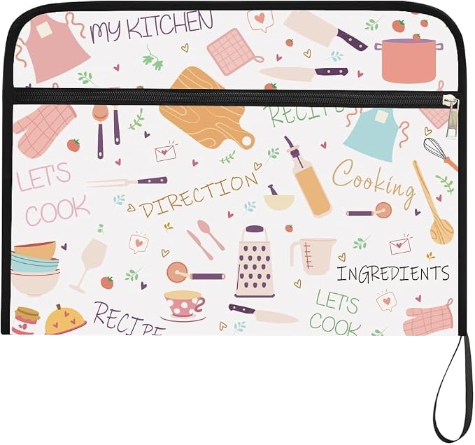 WEBEEDY Cooking Patterns Expanding File Folder 13 Pockets Kitchen Utensils Accordion Folder File Organizer with Labels and Zipper, Portable Document Organiser for A4 Paper Photo Receipt Paperwork