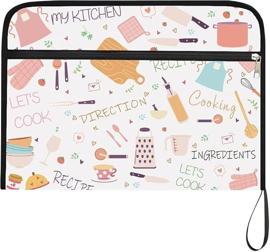 WEBEEDY Cooking Patterns Expanding File Folder 13 Pockets Kitchen Utensils Accordion Folder File Organizer with Labels and Zipper, Portable Document Organiser for A4 Paper Photo Receipt Paperwork