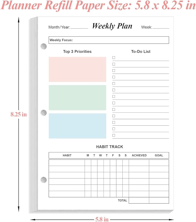 Half Letter Size Weekly Planner Refills for 3 Ring Mini Binders - 53 Sheets/106 Pages Undated Colorful Weekly Planner, 100 gsm White Paper, Lasts 1 Year, Undated, 5.8" x 8.3"