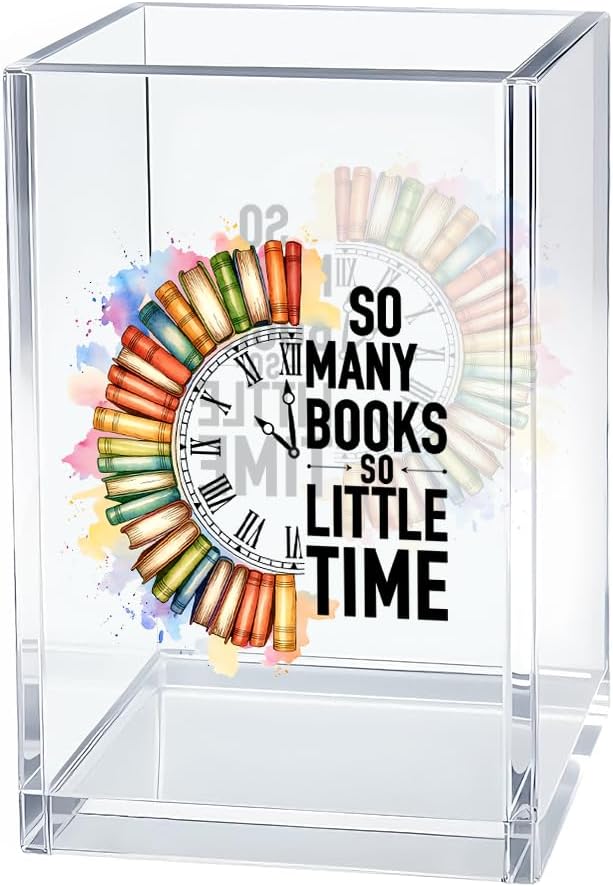 So Many Books So Little Time Acrylic Pen Holder Cosmetic Organizer, Funny Book Pen Pencil Cup for Desk, Reading Nook Accessories, Bookish Gifts for Book Lover Librarian Bookworm Reader Teacher