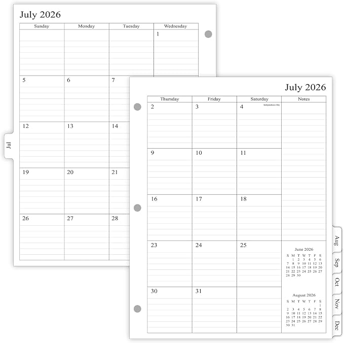 newestor 2026-2027 Monthly Planner Refill for 3 Ring Binder, Jul 2026 - Dec 2027, Two Pages Per Month, 8-1/2" x 11", Monarch/Folio Size 5