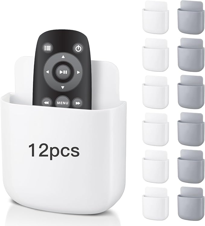 12 Pcs Remote Holder Wall Mounted, Self-Adhesive Phone Pen Holder for Wall Beside Table Bed Storage Box Organizer Wall Pocket for Home Office School Supply Storage Camper Accessories