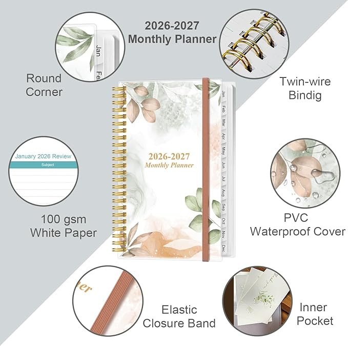 2026-2027 Monthly Planner - January 2026 - June 2027, Two Pages Per Month, 18 Monthly Calendar/Planner with Tabs, Strong Twin-Wire Binding, Inner Pocket, 3.75" x 6.5", Rose Leaf