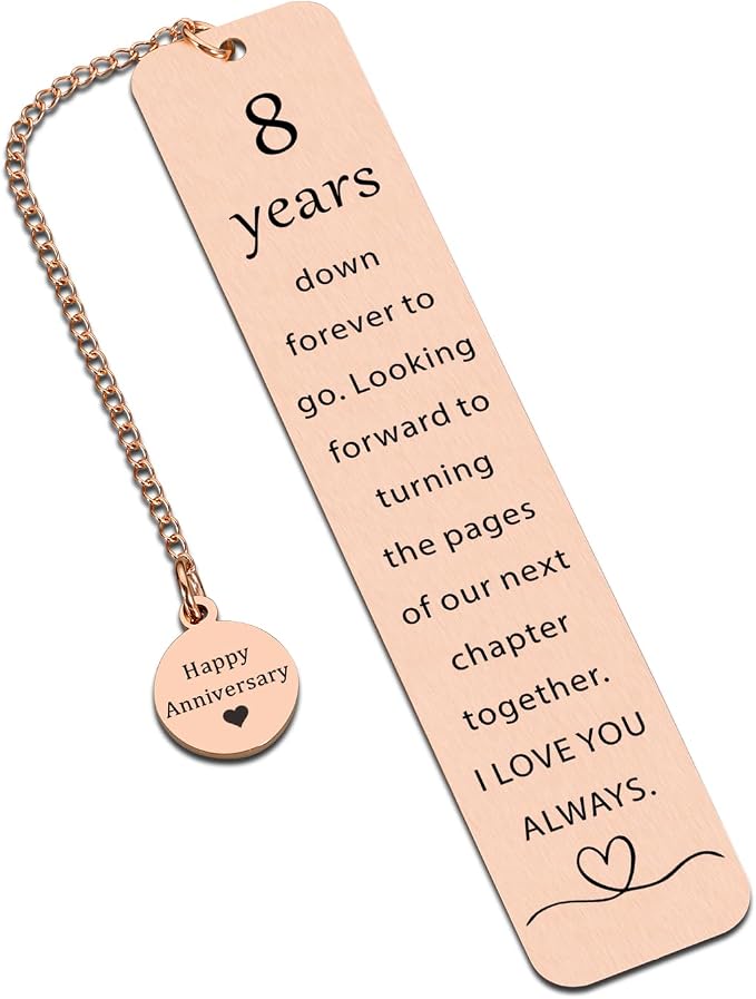 Bronze Anniversary Wedding Gifts for Her Him, 8th Anniversary Bookmark for Husband Wife, 8 Year of Marriage Gift for Men, Rose Gold Steel Gifts for Couples, Romantic Birthday Christmas Gift for Women