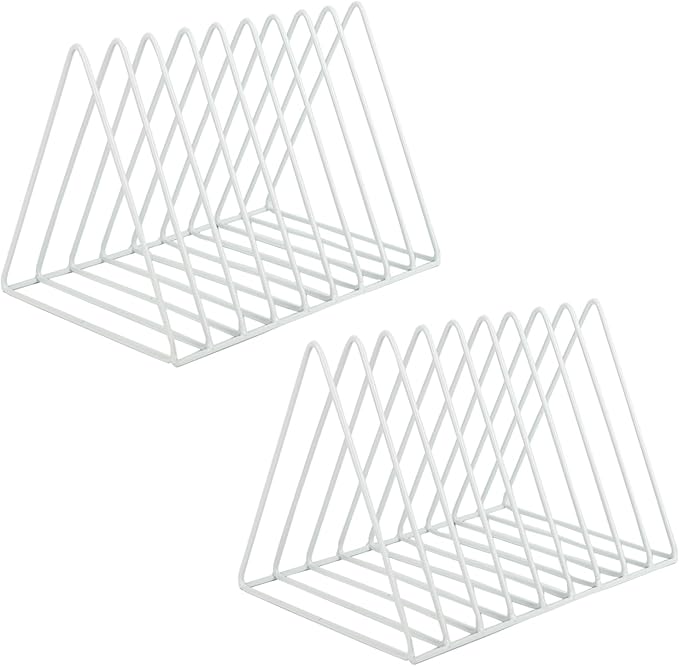 EASEPRES Vinyl Record Holder Storage, 9 Slot Metal Magazine Book Album Display Rack, Stylish Triangle Desktop File Sorter Organizer for Home Office, White Pack of 2