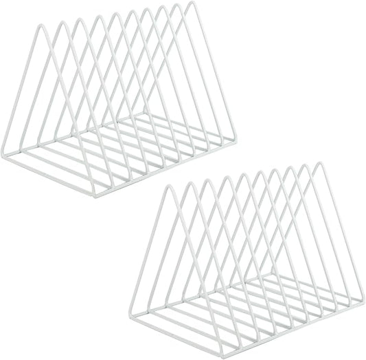 EASEPRES Vinyl Record Holder Storage, 9 Slot Metal Magazine Book Album Display Rack, Stylish Triangle Desktop File Sorter Organizer for Home Office, White Pack of 2