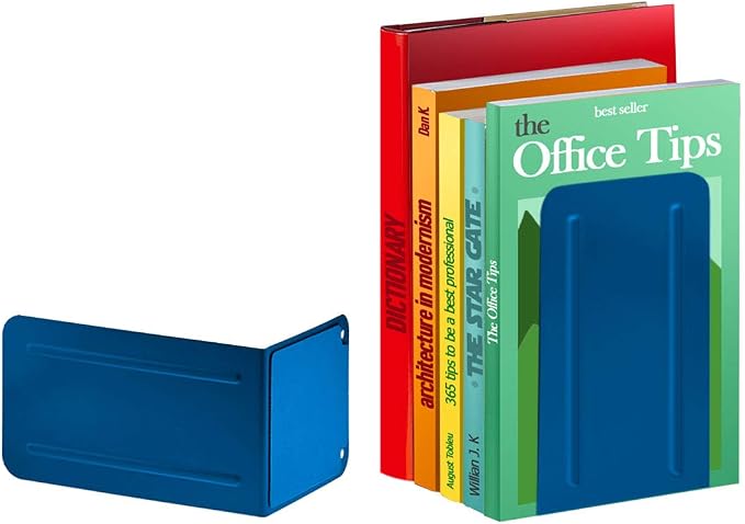 Acrimet Bookends for Shelves, Non-Skid Book Holder, Heavy Duty Book Stopper, Steel Metal Book Ends Storage for Home, Library, 6 7/8" H x 4" W x 4 1/2" D (Deep Blue) (2 Pairs / 2 Pieces)