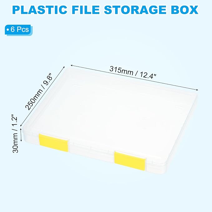 PATIKIL Clear A4 File Portable Project Case with Buckle Plastic Storage Box for 8.5" x 11" Letter Paper Scrapbook Paper Storage Boxes, 6Pcs, 12.4"x9.8"x1.2", Yellow