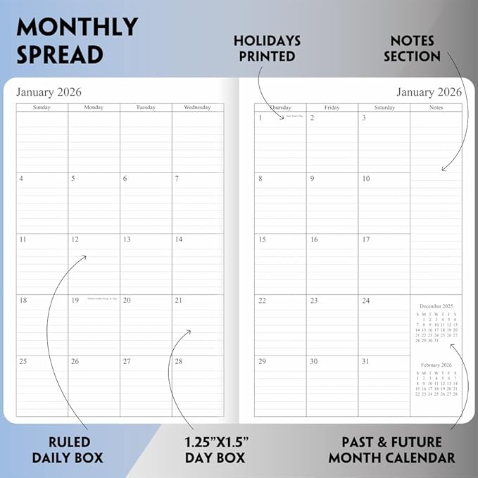 2026 Planner - Weekly and Monthly Planner, Jan 2026 - Dec 2026, Holidays, Contacts and Notes Pages, Vegan Leather Cover, Elastic Closure, 5.5”x8.25”, Teal