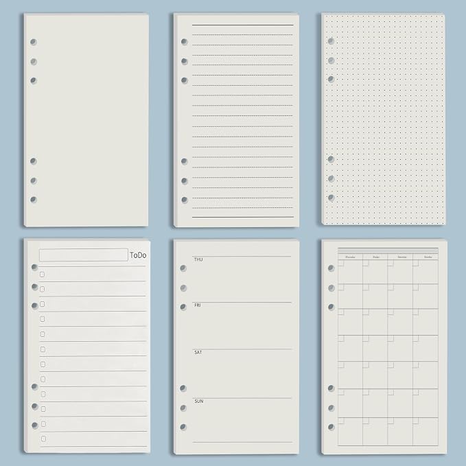 Harphia A6 6 Holes Binder Refill Value Set, 90sheets Plain Blank Loose Leaf Paper with Stickers and dividers, Planner Inserts with Binder Pockets for A6 Binder 6 Holes refillable Notebook,005dA6blank