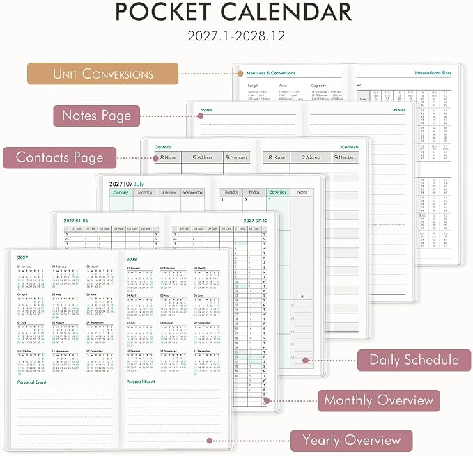 Pocket Calendar 2027-2028 for Purse, Small Pocket Planner 2027-2028 for Purse 3.5×6.5In, 24 Month Organizer from Jan 2027- Dec 2028 Mini Planner with Pvc Cover for Organizing & Planning