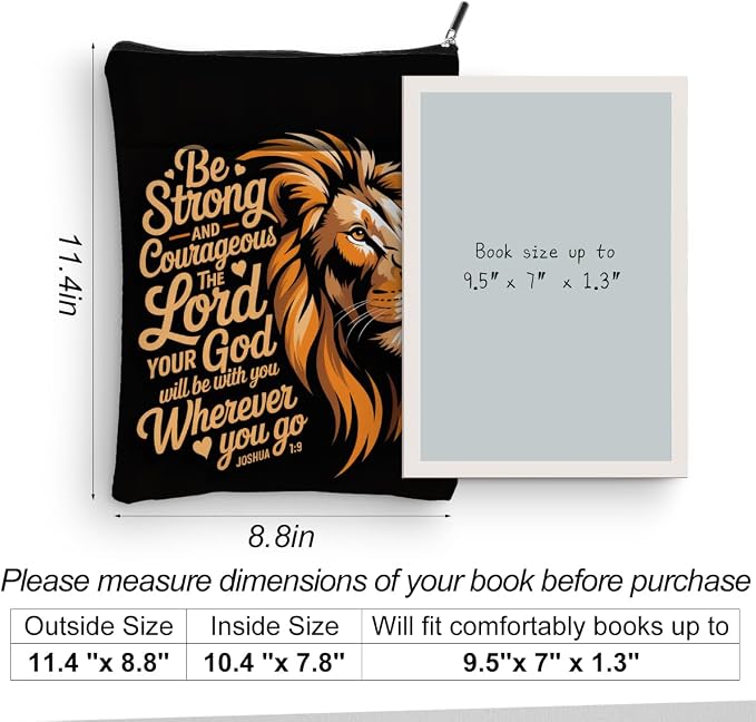 Christian Lion Book Sleeve, Book Lovers Gifts Sleeve with Zipper & Front Pocket, 11.4x8.8 Inch Canvas Books Cover Protector Bookish Bible Gifts for Readers Librarian Women Teacher