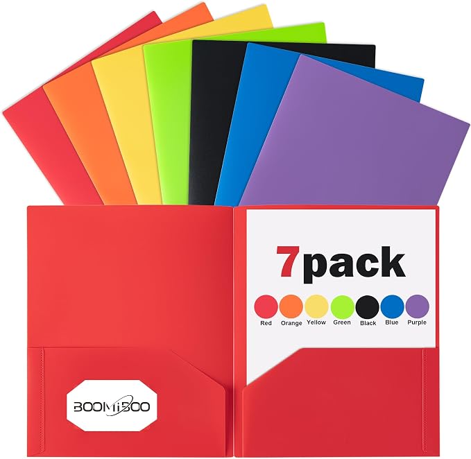 BOOMIBOO Colored Plastic Folders with Pockets (7 Pack, Assorted Colors), Durable Heavy Duty File Folders with Business Card Slot, 2 Pocket Folders for Schoolwork & Office,Letter Size