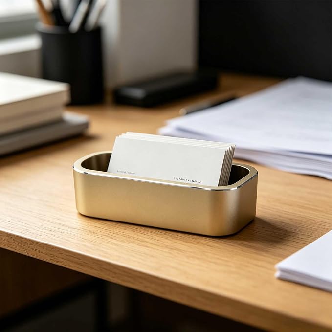 Business Card Holder for Desk, 1 Pack Aluminum Alloy Name Card Display Organizer with Anti-Slip Base, Heavy Duty Desktop Stand for Office, Champagne Gold (Champagne Gold)