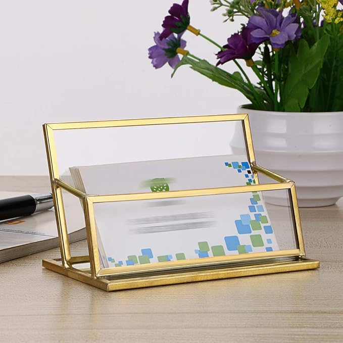 Hipiwe Glass Business Card Holder Stand - Vintage Gold Metal Name Card Display Stand Office Desktop Countertop Business Card Organizer