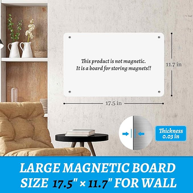 Magnetic Board 17.5" X 11.7" Magnet Board for Wall Stainless Steel Metal Magnetic Board for Wall for Magnet Display Photos Office Supplies Kitchen Stuff Bulletin Board Vision Board(White 1PC)