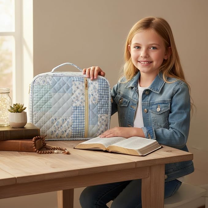 Bible Cover Case for Women,Bible Tote Bag Large Quilted Bible Cover Study Supplies Accessories with Durable Handle Carrying Case Christian Gifts for Girls (Greenblue Pin)
