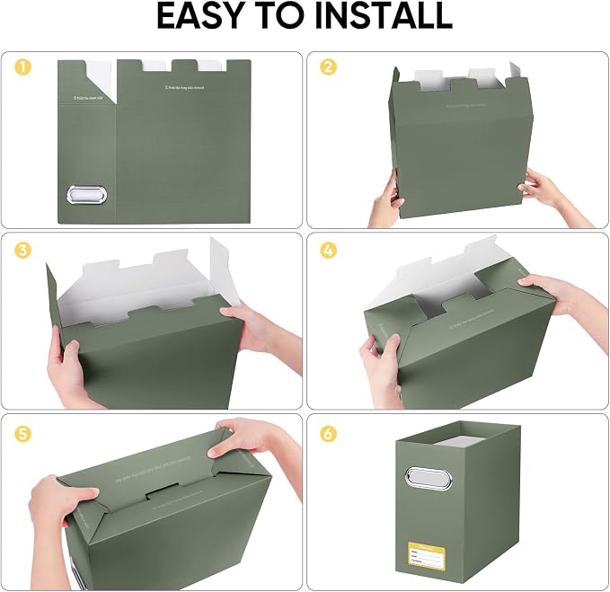 BALEINE File Organizer Box, Cardboard File Folder Organizer with Handle for Letter Size, Portable Collapsible Hanging Filing Box for Home Office Document Storage (2 Pack,Olive)