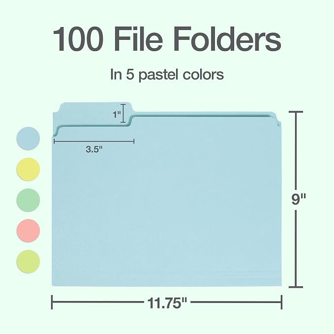 Oxford Colored File Folders, 100 Pack, Letter Size (8.5" x 11"), 3 Tabs, 5 Pastel Colors, Color-Coding for School, Office & Home Document Organization