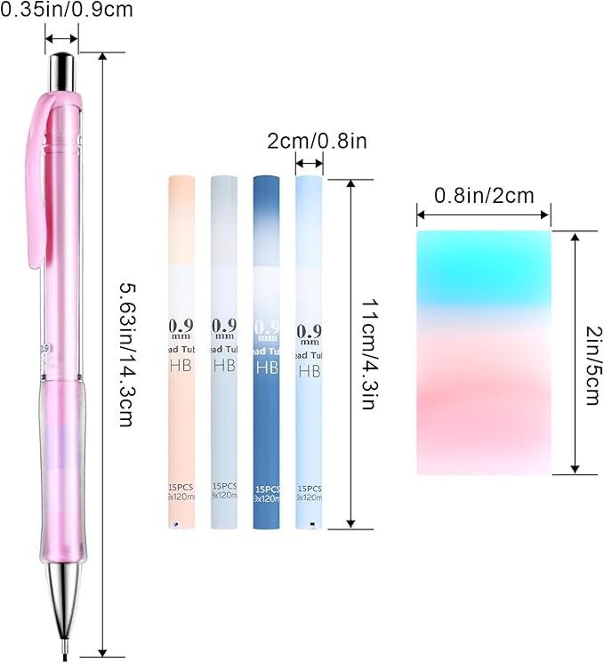Boao 23 Pieces Pastel Mechanical Pencil Set, 12 Pcs 0.9 mm Cute Aesthetic Mechanical Pencils, 8 Tubes 120 Pcs Pencil Lead Refills 0.9 mm 3 Erasers for School Supplies Classroom Student Drawing Writing