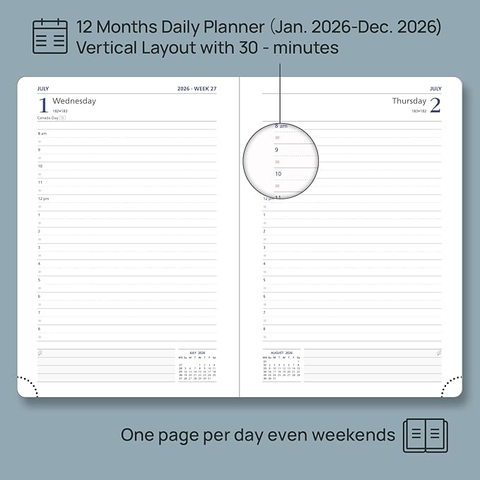 POPRUN Daily Planner 2026 (A5 Size-5.75" x 8.5") One Page Per Day Planner with Vegan Leather Hardcover - Agenda 2026 (Jan. - Dec.) Page A Day Calendar Book with Monthly Tabs, Inner Pocket - Soft Pink
