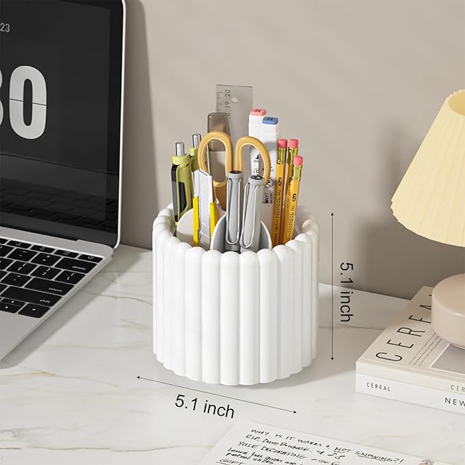 Anyoifax 360° Rotating Pen Holder 7 Slots Desk Organizer Removable Pencil Cup Plastic Art Supplies and Accessories Desktop Storage Box Caddy for Office, School, Home (White)