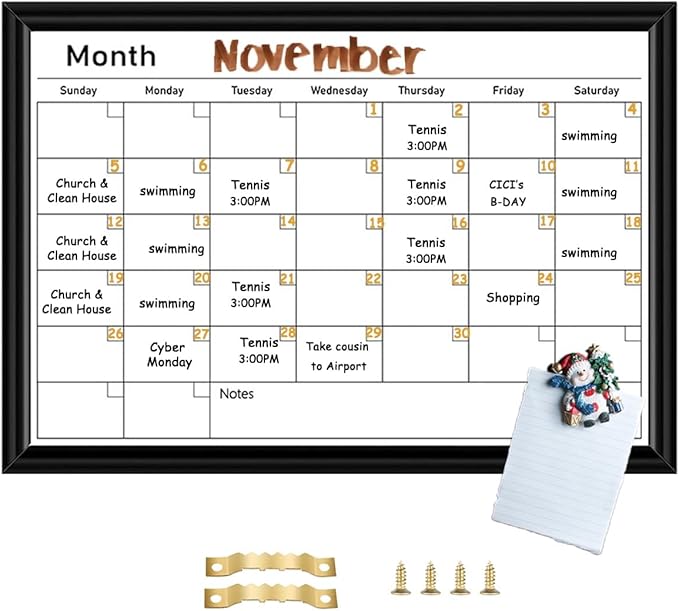 Umtiit Monthly Calendar Dry Erase Whiteboard 10.6 x 14.5 inch(27 x 37 cm), Black Wood Frame, Magnetic Surface Whiteboard for Planning/Schedule/School Timetable/Memo(BK-2737C,US)