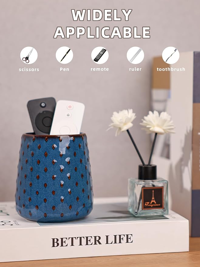 GDCZ Ceramic Remote Control Holder, Remote Caddy Organizer Storage, Remote Organizer for Table, TV Remote Holder, Makeup Brush Pen Holder, 4.2" (Blue)
