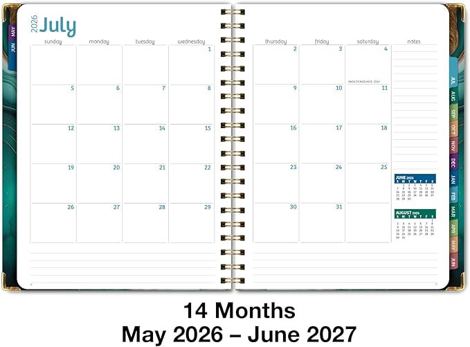 HARDCOVER Academic Year 2026-2027 Planner: 14 Months (May 2026 Through June 2027) 8.5"x 11" Daily Weekly Monthly Planner Yearly Agenda. Bookmark, Pocket Folder and Sticky Note Set (Teal Gold Marble)