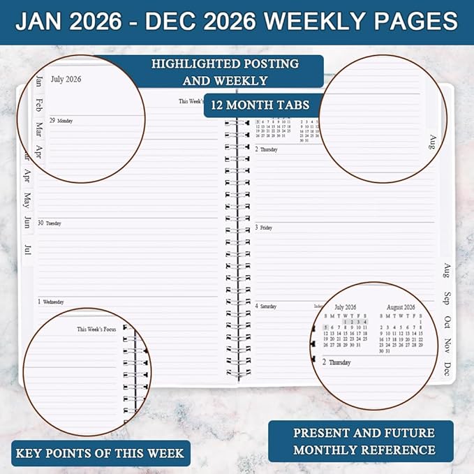 2026 Planner - Planner 2026 from January 2026 - December 2026, Monthly and Weekly Calender with 12 Tabs, 8.5" x 11", Blue Watercolor